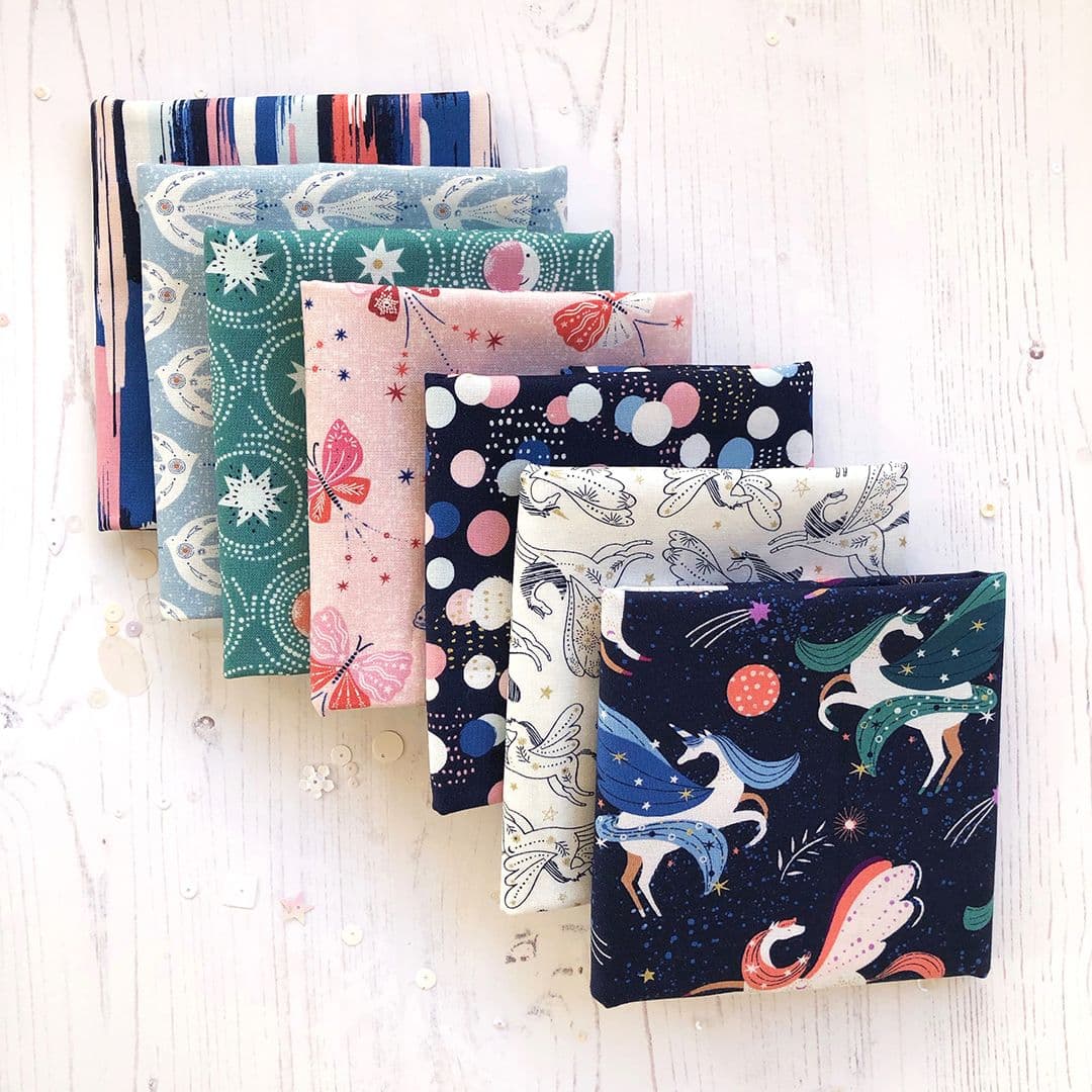Illustration of 5 hr celeste fat quarters line up web